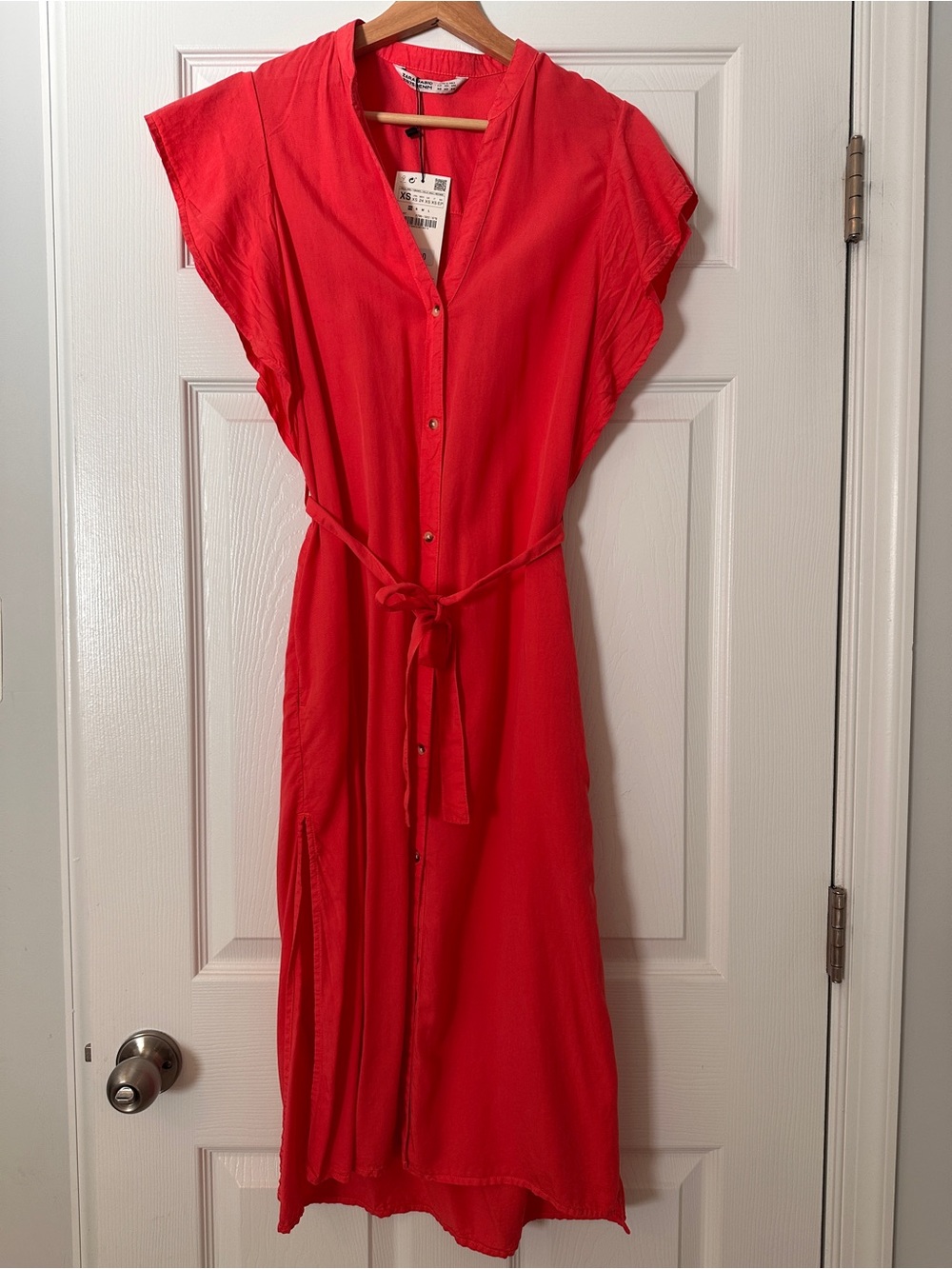Zara Red Button-Front Tie-Waist Midi Dress